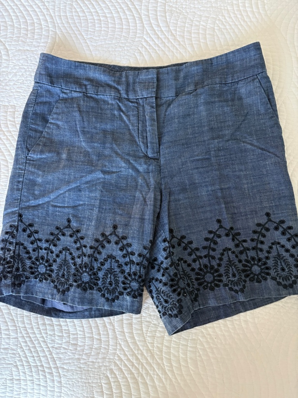 Talbots Blue Chambray Shorts with Black Embroidered Hem